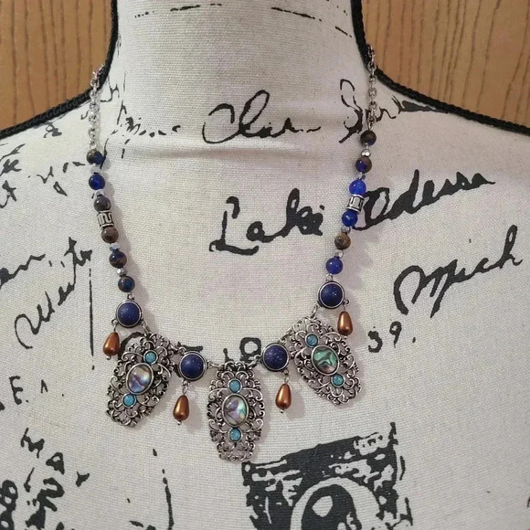 #39 set of 3 necklaces shell beaded pearl dangle filigree pendant - Picture 2 of 4